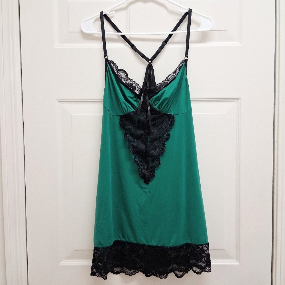Satin Lace Trim Slip Dress XL Green Chemise Nightgown Romantic Lingerie Feminine